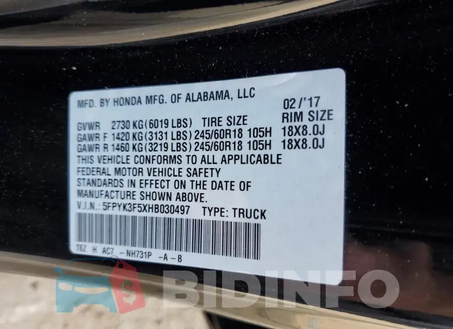 5FPYK3F5XHB030497 Photo# 13