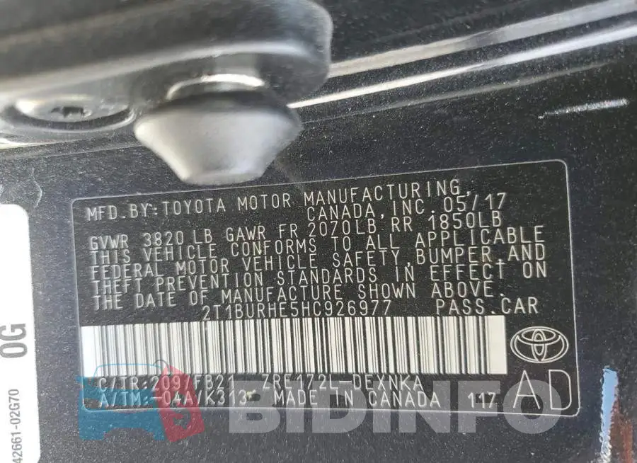 2T1BURHE5HC926977 Photo# 13