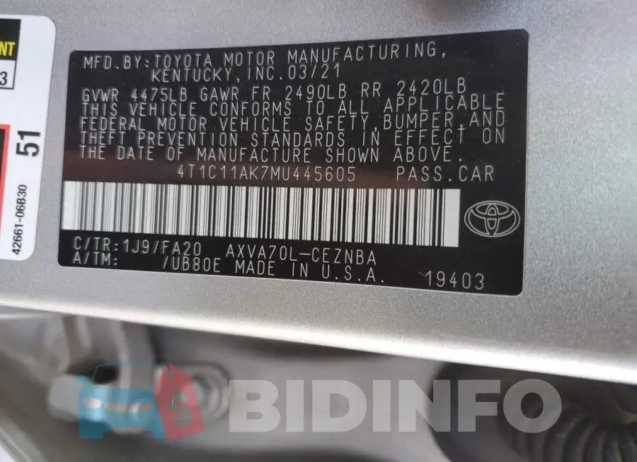 4T1C11AK7MU445605 Photo# 13