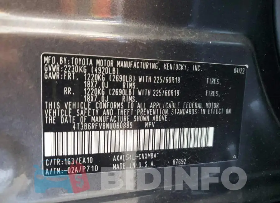 4T3B6RFV8NU080889 Photo# 13