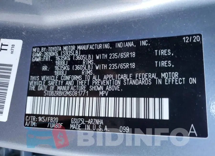 5TDBZRBH2MS081771 Photo# 12