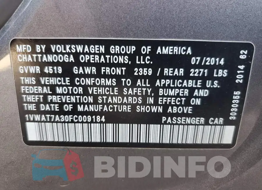 1VWAT7A30FC009184 Photo# 13