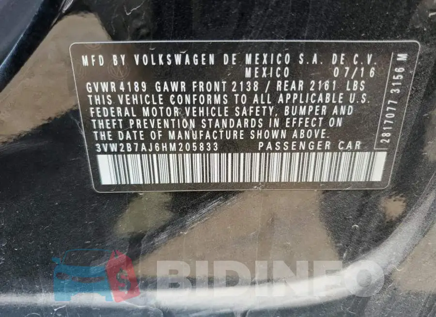 3VW2B7AJ6HM205833 Photo# 12