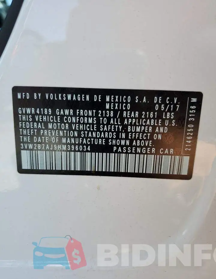 3VW2B7AJ9HM396034 Photo# 13