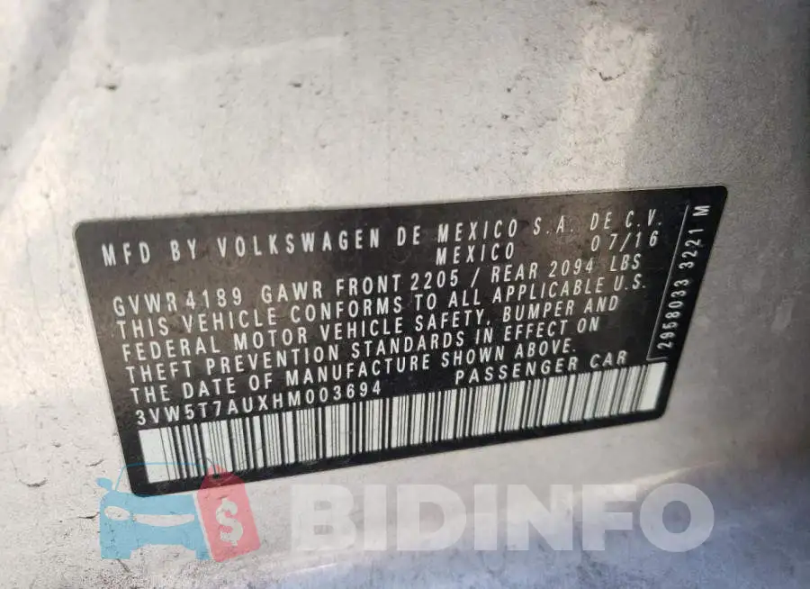 3VW5T7AUXHM003694 Photo# 12