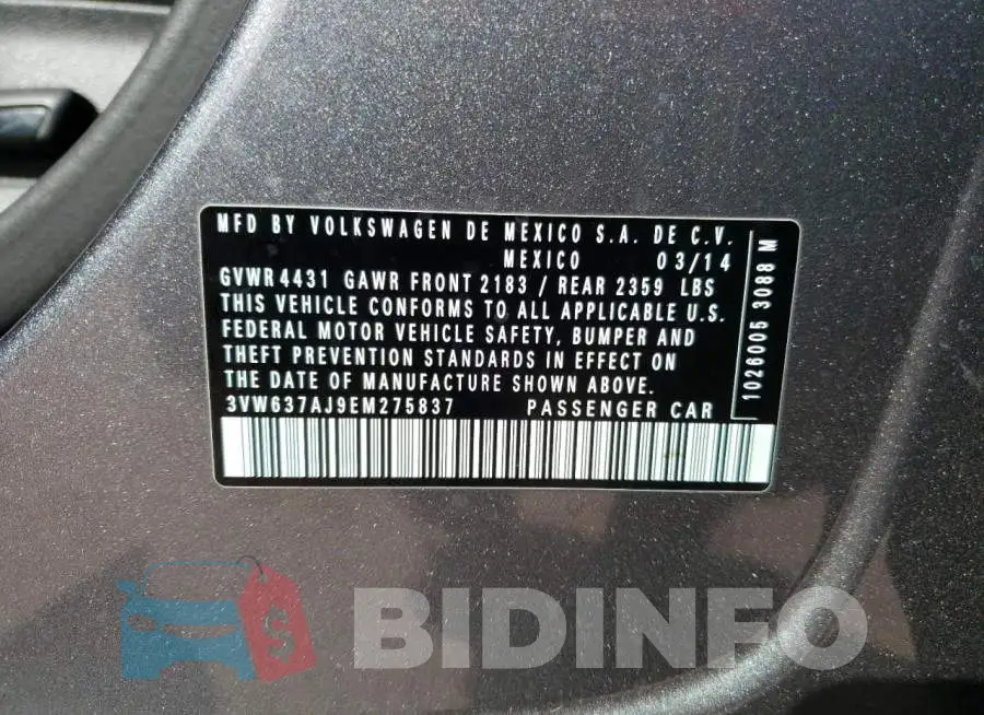 3VW637AJ9EM275837 Photo# 13