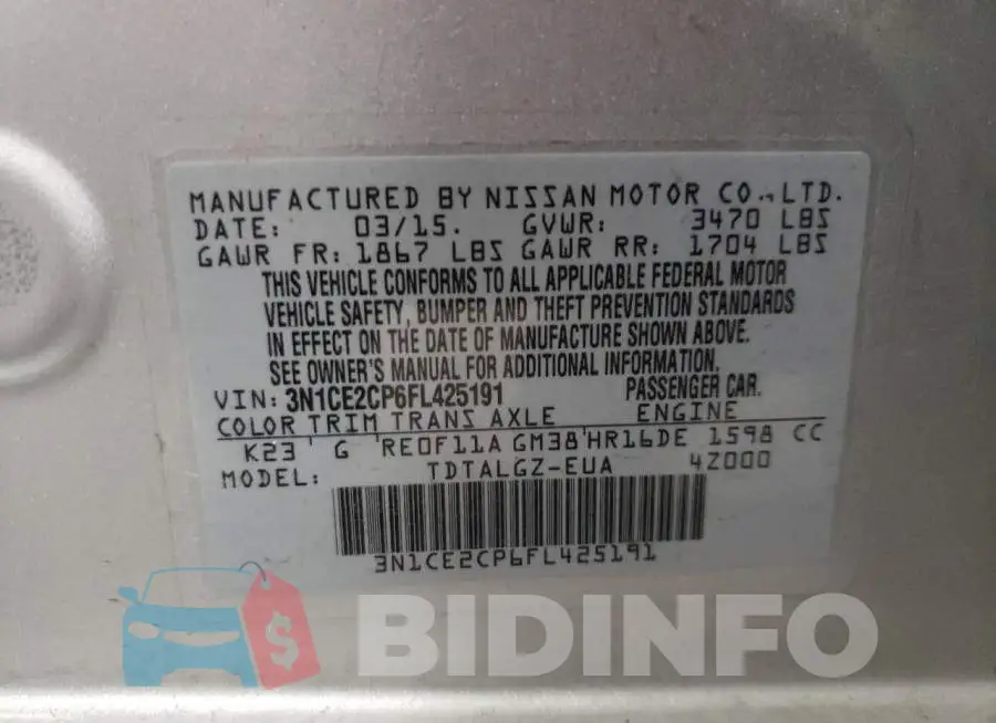 3N1CE2CP6FL425191 Photo# 13