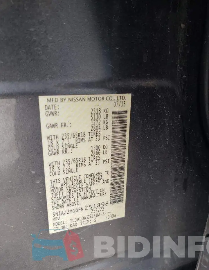 5N1AZ2MG6FN251898 Photo# 14