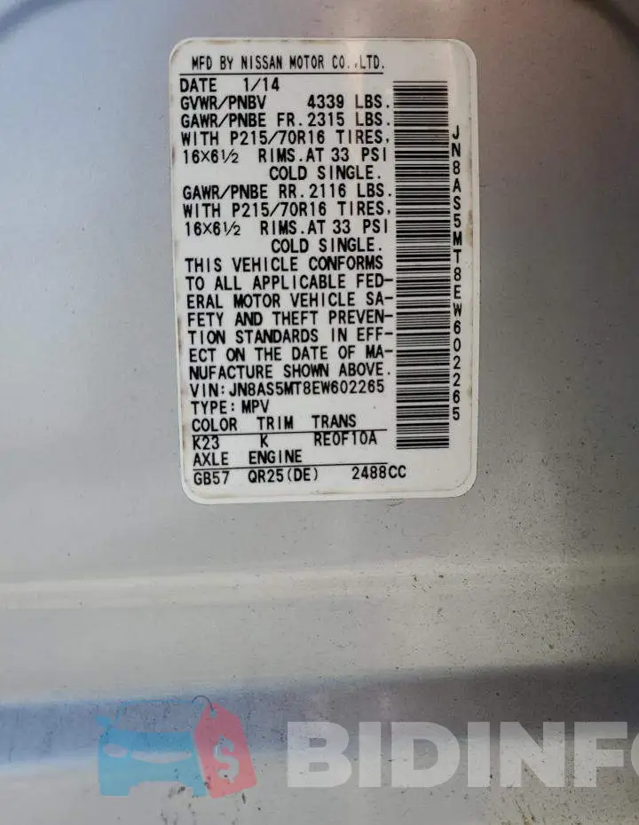 JN8AS5MT8EW602265 Photo# 12