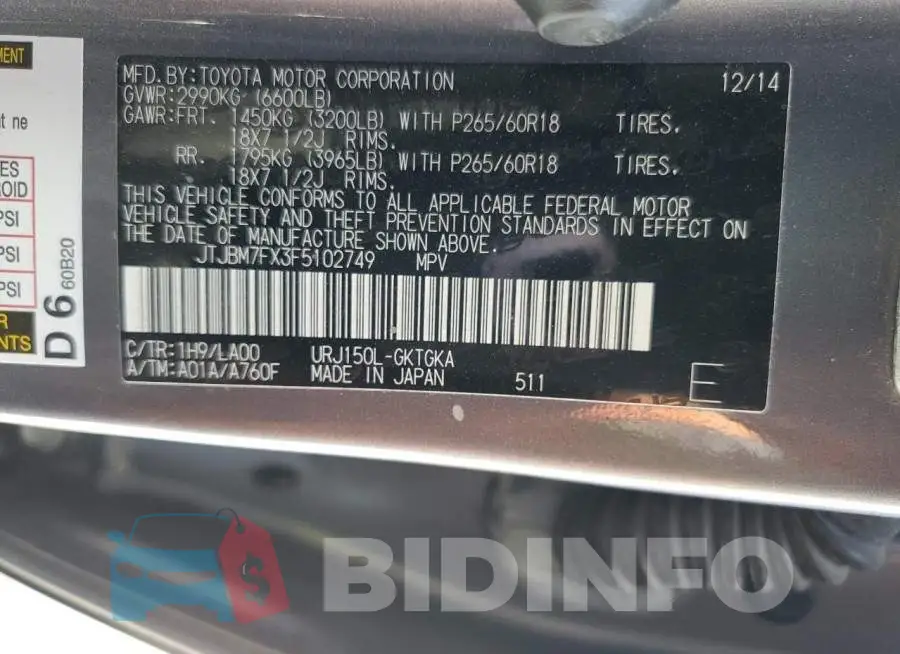 JTJBM7FX3F5102749 Photo# 13