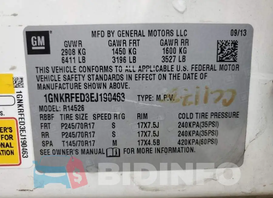 1GNKRFED3EJ190463 Photo# 14
