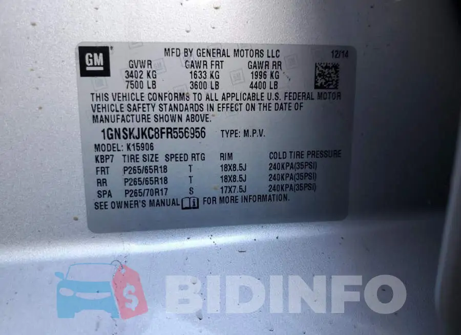 1GNSKJKC8FR556956 Photo# 12