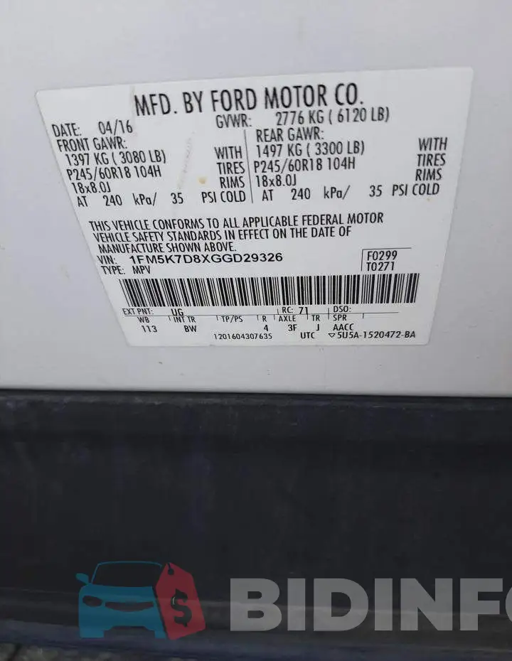 1FM5K7D8XGGD29326 Photo# 13