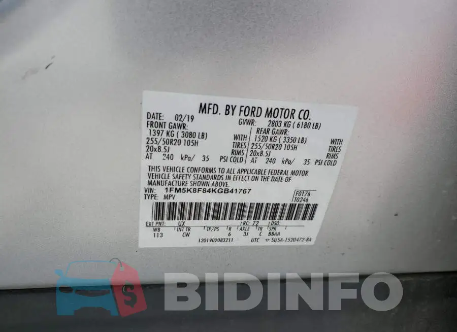 1FM5K8F84KGB41767 Photo# 13