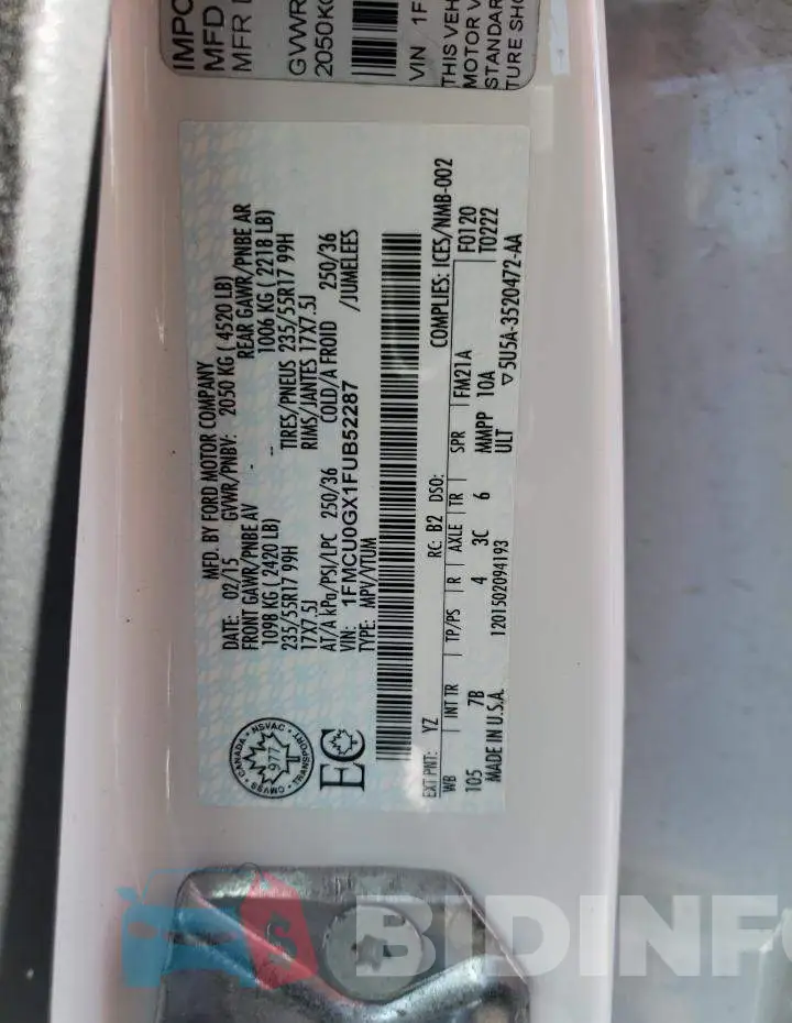 1FMCU0GX1FUB52287 Photo# 13