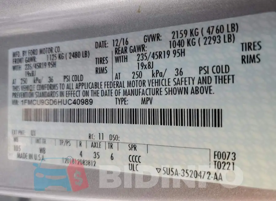 1FMCU9GD6HUC40989 Photo# 13