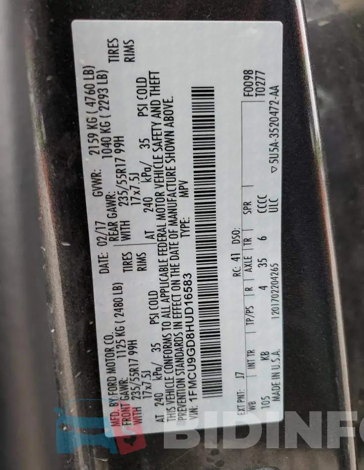 1FMCU9GD8HUD16583 Photo# 12