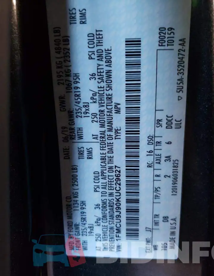 1FMCU9J90KUC29627 Photo# 13