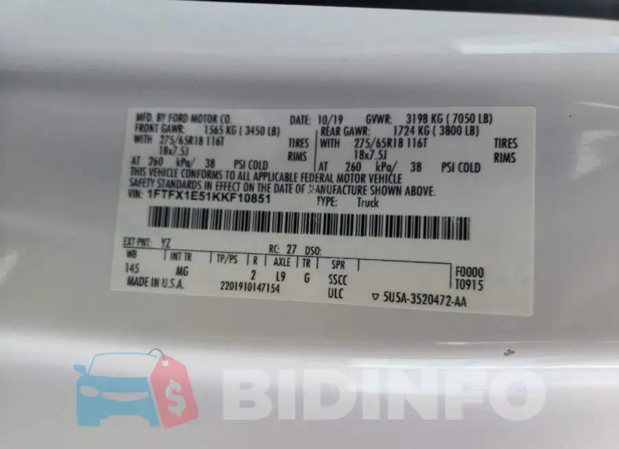 1FTFX1E51KKF10851 Photo# 12