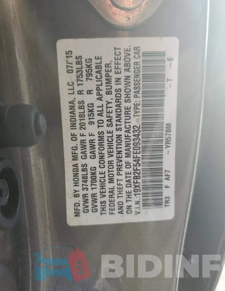 19XFB2F54FE093432 Photo# 12