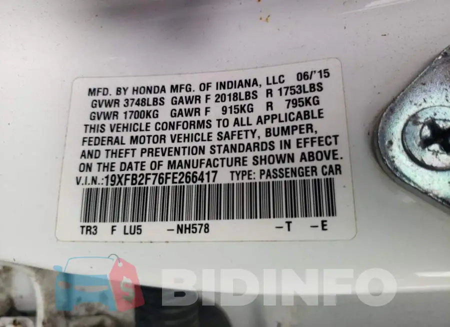 19XFB2F76FE266417 Photo# 12