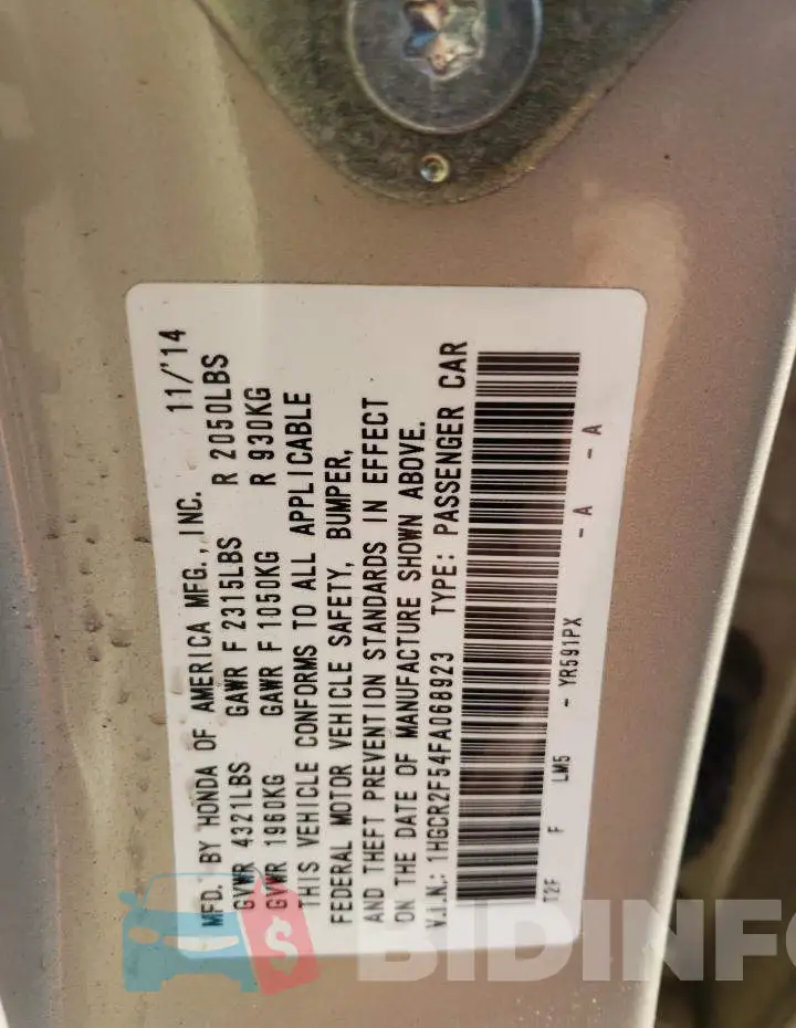 1HGCR2F54FA068923 Photo# 12