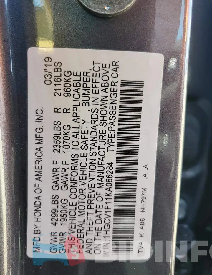 1HGCV1F11KA066284 Photo# 13