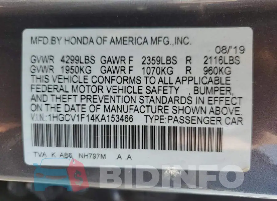 1HGCV1F14KA153466 Photo# 12
