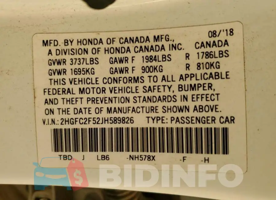 2HGFC2F52JH589826 Photo# 12