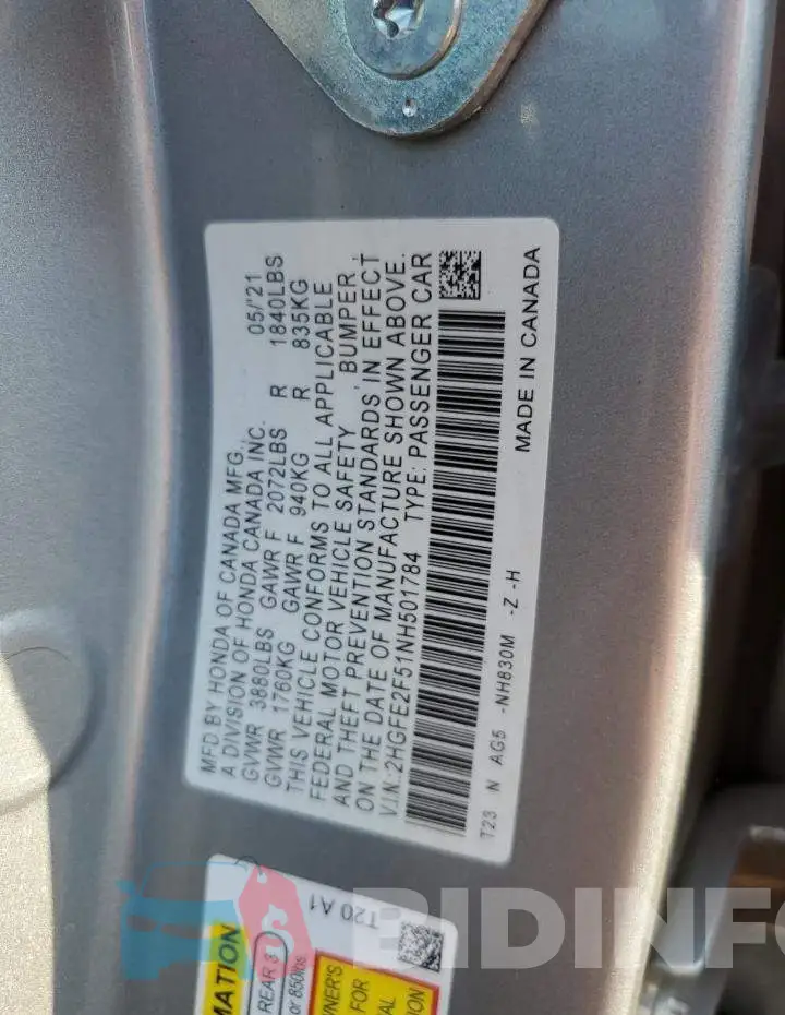 2HGFE2F51NH501784 Photo# 13