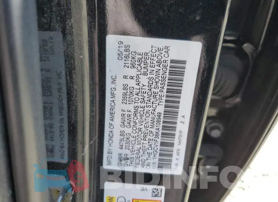 1HGCV1F36KA108949 Photo# 12
