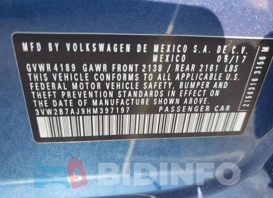 3VW2B7AJ9HM397197 Photo# 12
