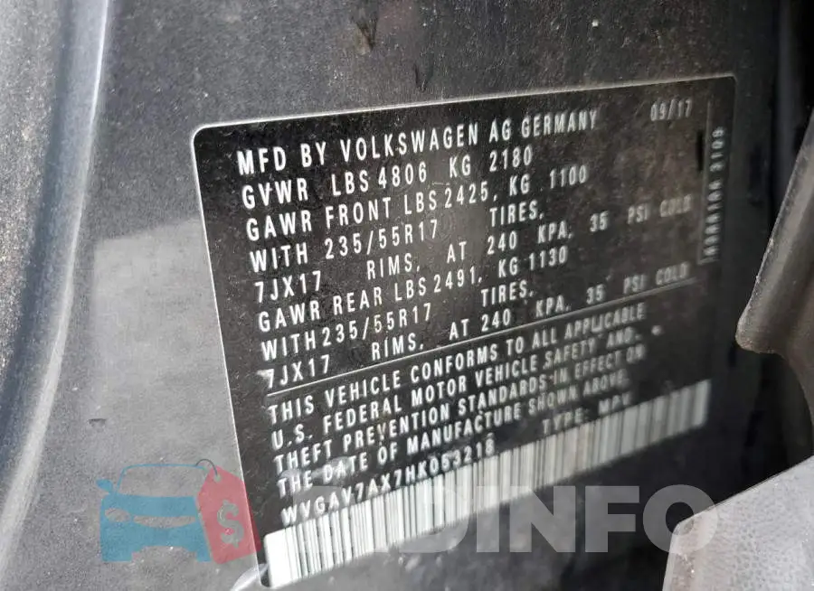 WVGAV7AX7HK053218 Photo# 13