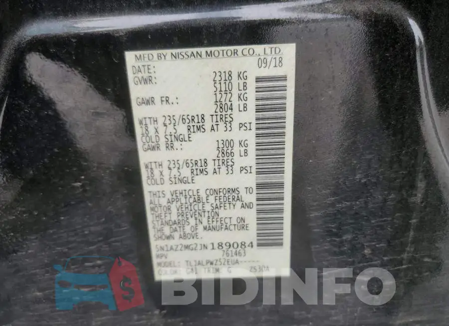 5N1AZ2MG2JN189084 Photo# 13