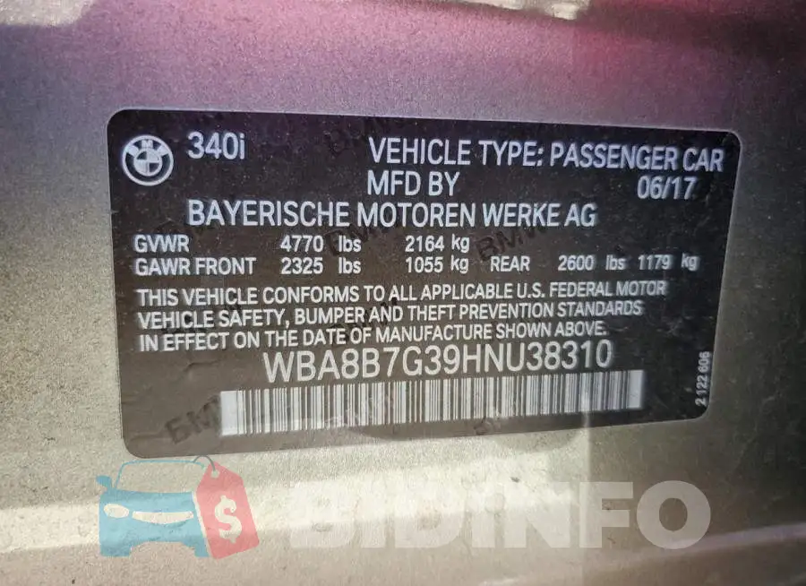 WBA8B7G39HNU38310 Photo# 12