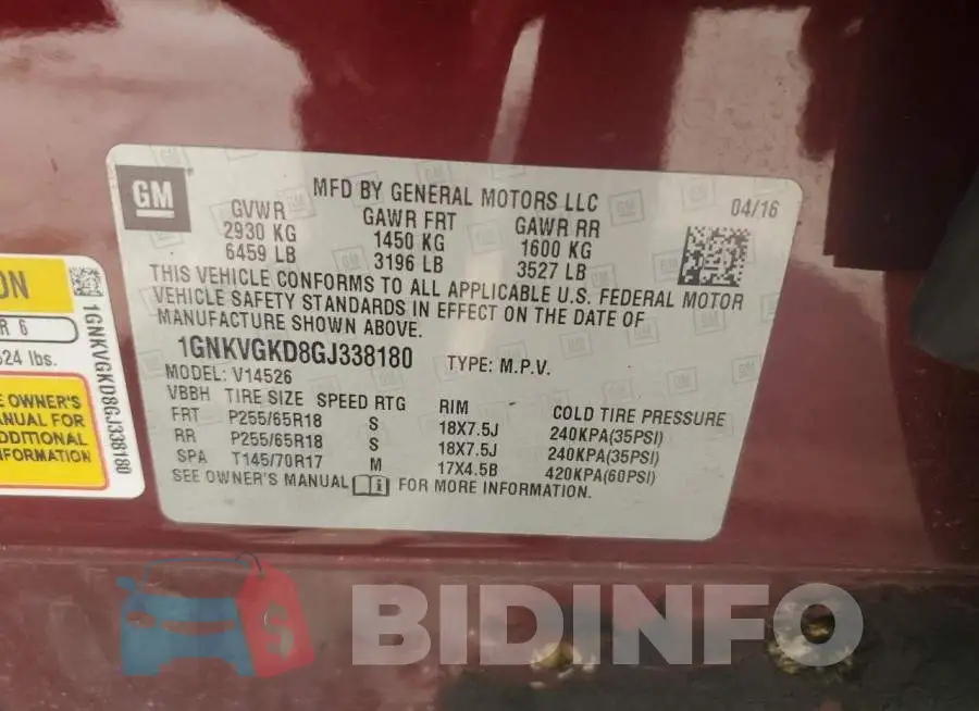 1GNKVGKD8GJ338180 Photo# 14