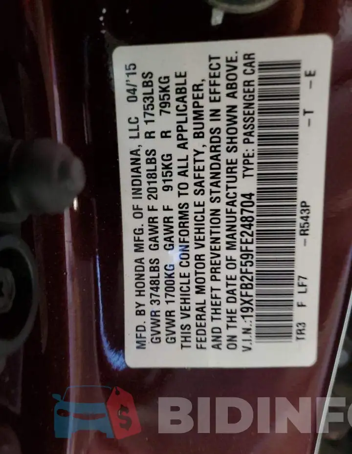 19XFB2F59FE248704 Photo# 12