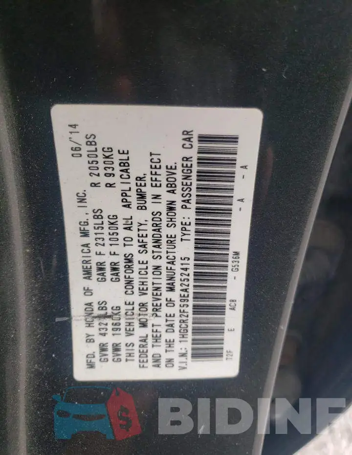 1HGCR2F59EA252415 Photo# 12