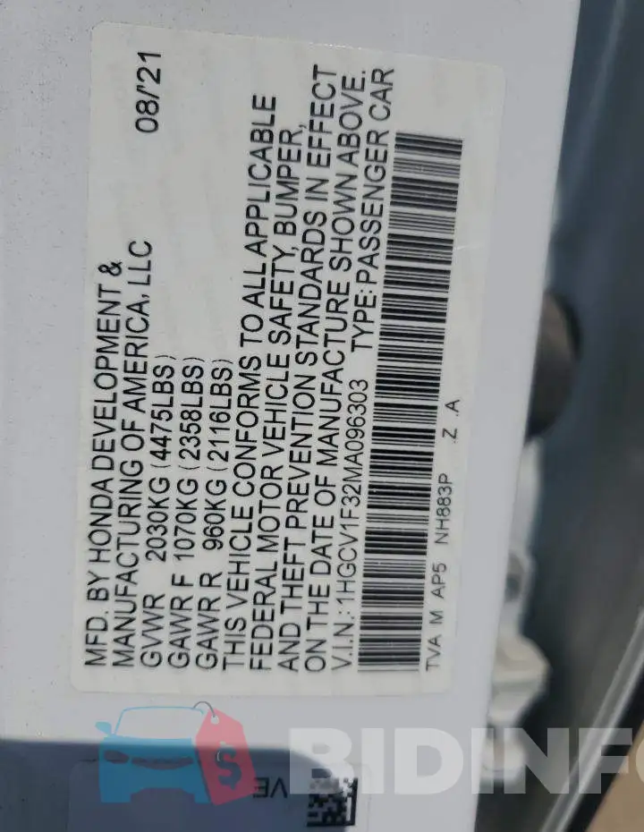 1HGCV1F32MA096303 Photo# 12