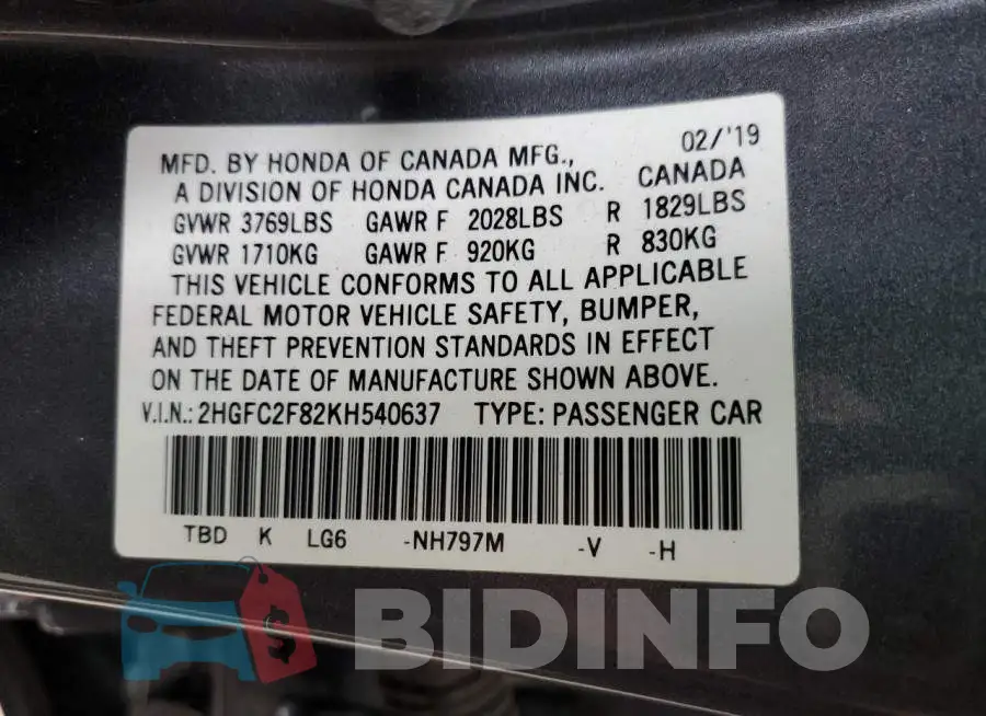 2HGFC2F82KH540637 Photo# 12