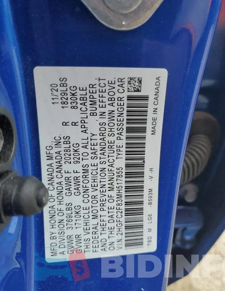 2HGFC2F83MH517855 Photo# 12