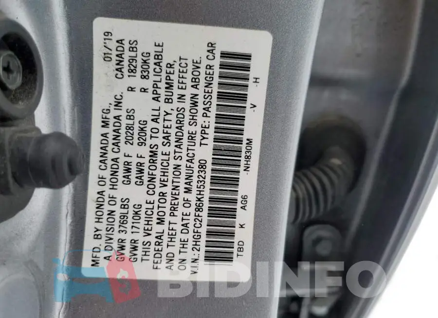 2HGFC2F86KH532380 Photo# 12