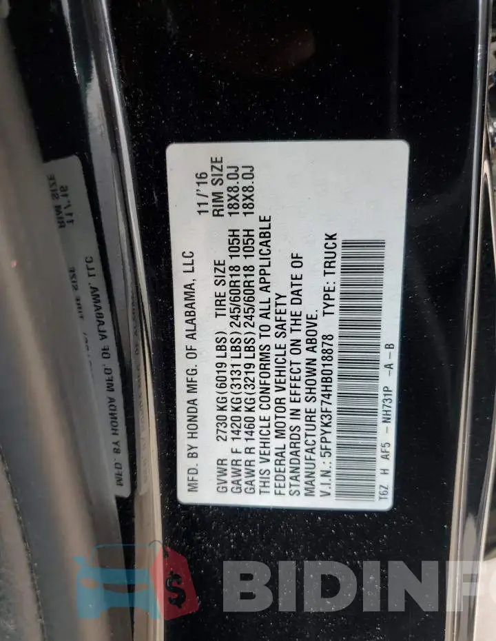 5FPYK3F74HB018878 Photo# 12