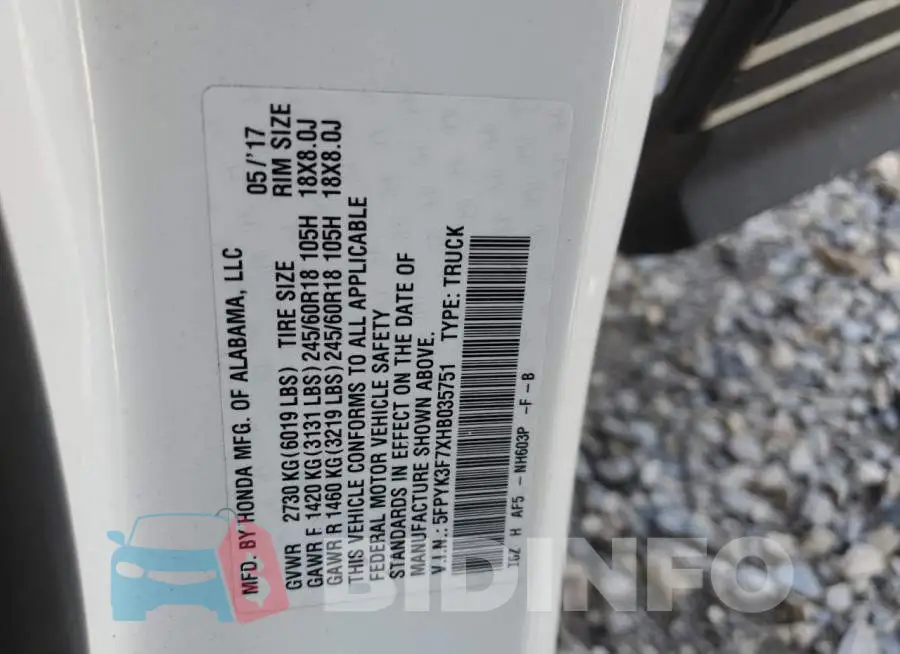 5FPYK3F7XHB035751 Photo# 14