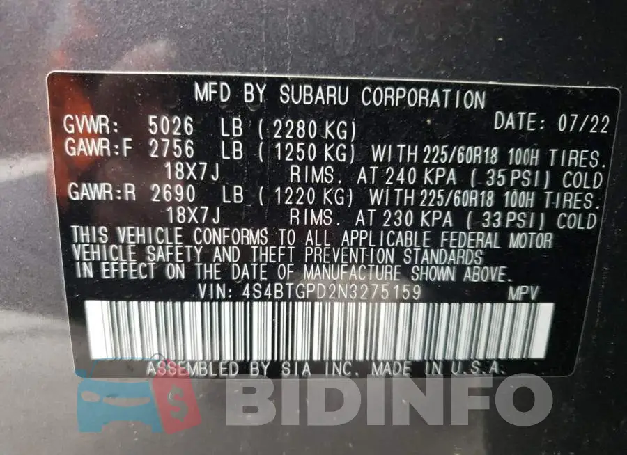4S4BTGPD2N3275159 Photo# 13