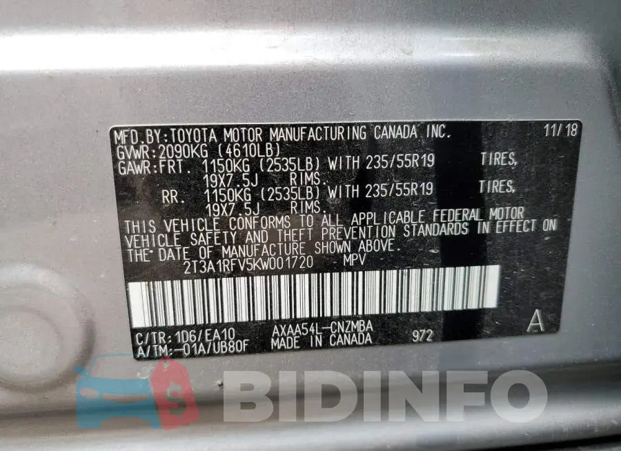 2T3A1RFV5KW001720 Photo# 13