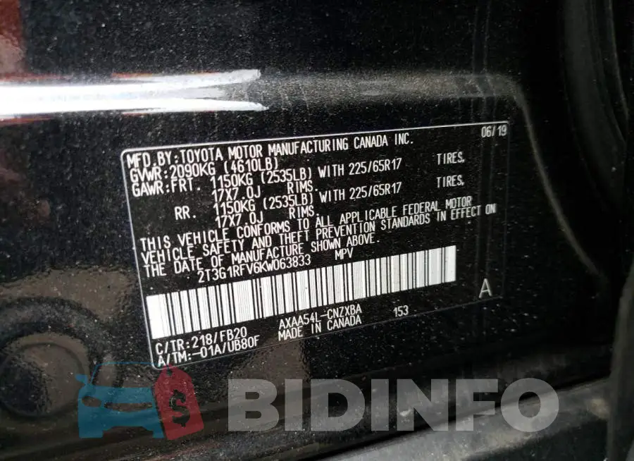 2T3G1RFV6KW063833 Photo# 13