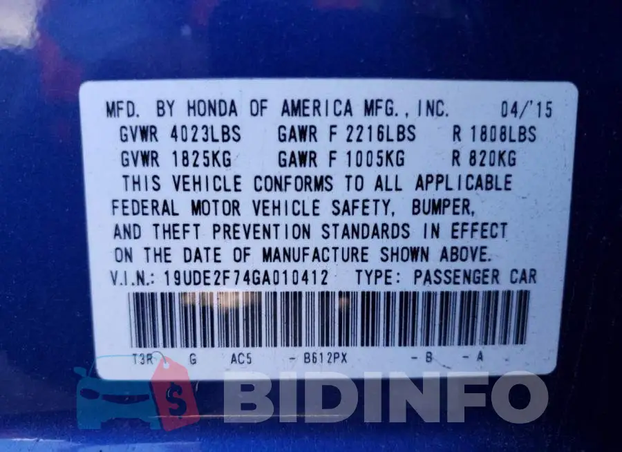 19UDE2F74GA010412 Photo# 12