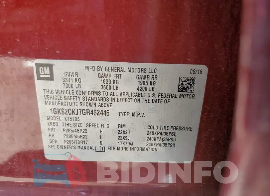 1GKS2CKJ7GR462446 Photo# 13