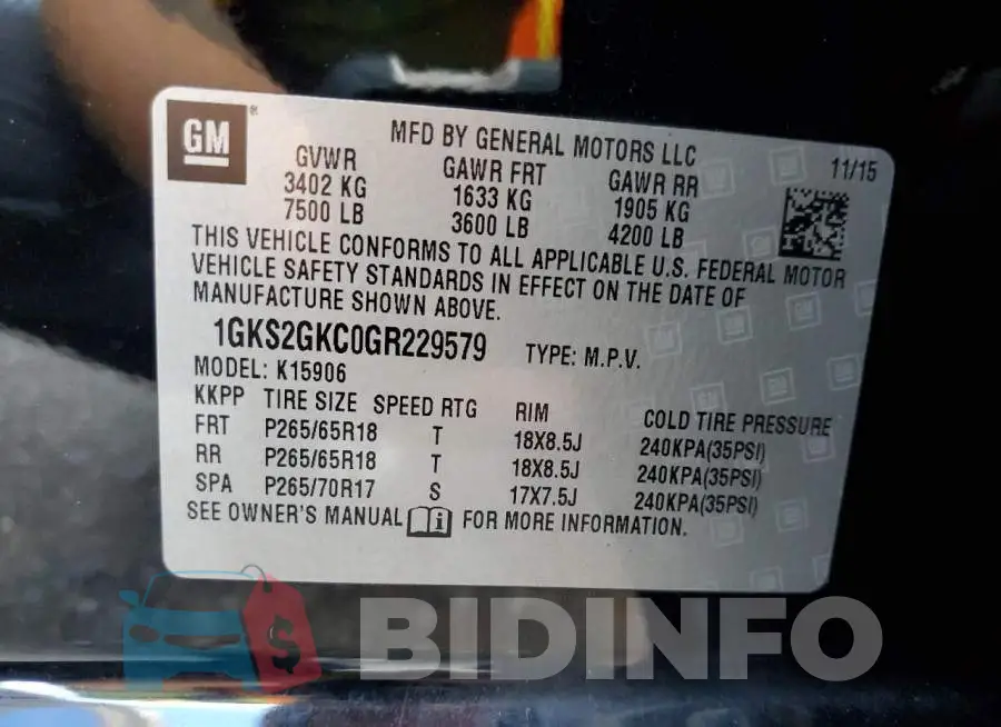 1GKS2GKC0GR229579 Photo# 14
